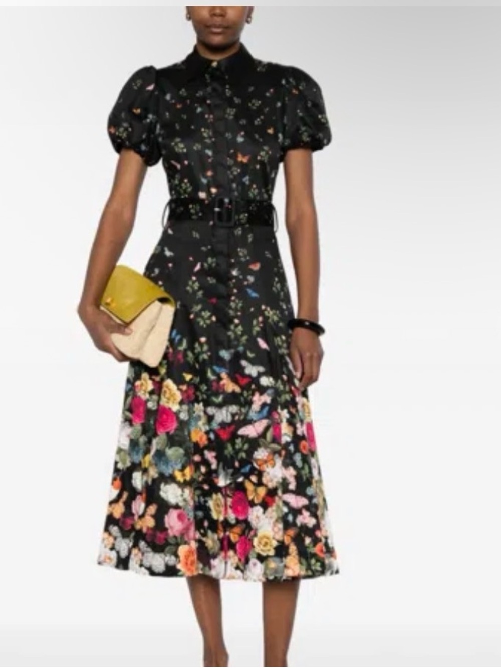 Alice + Olivia Black Midi Dress with Multicolor Floral & Butterfly Print